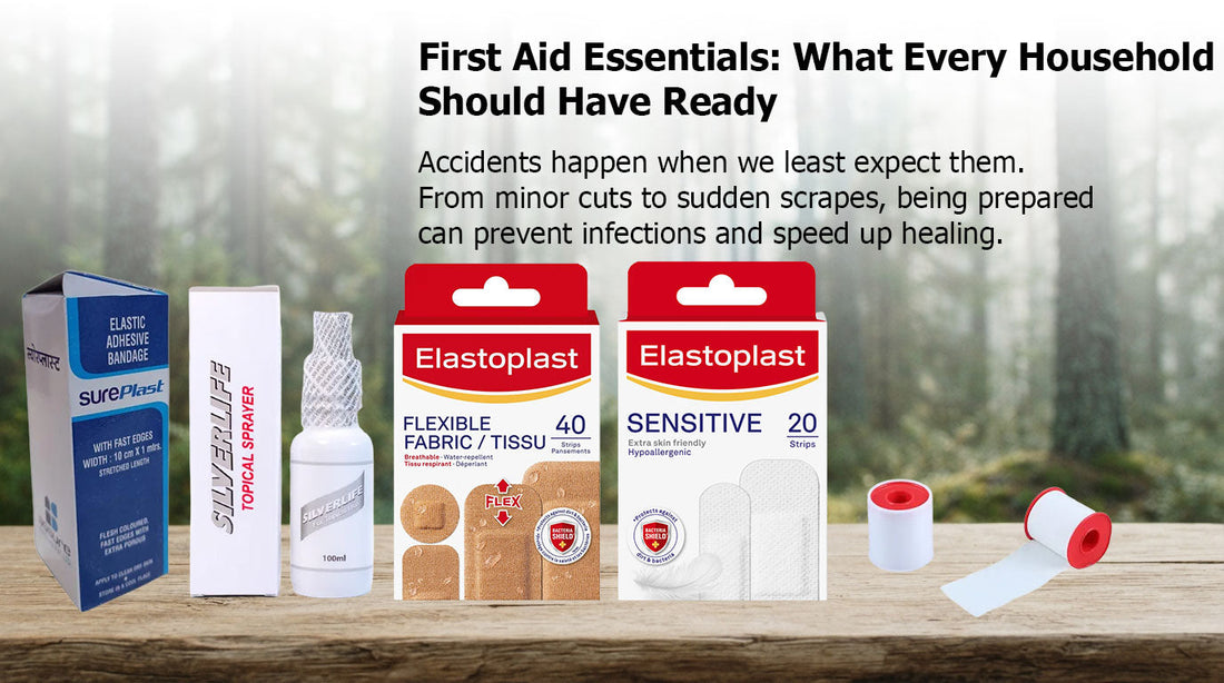 Essential first aid items including sterile plasters and topical spray for treating minor cuts and scrapes.