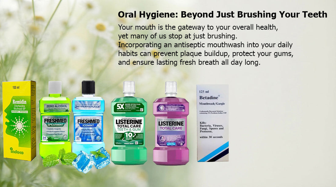 Antiseptic mouthwash bottle for complete oral hygiene, gum protection, and fresh breath.