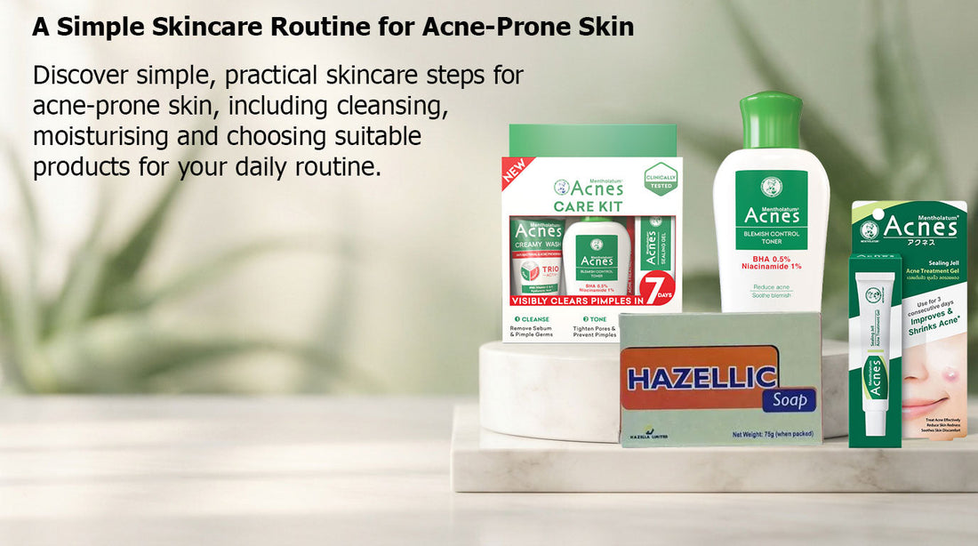 A collection of Acnes skincare products including a care kit and blemish control toner on a clean display for managing oily skin.