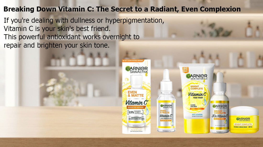 Garnier Even and Matte Vitamin C booster serum bottle displayed to promote radiant and even skin tone.